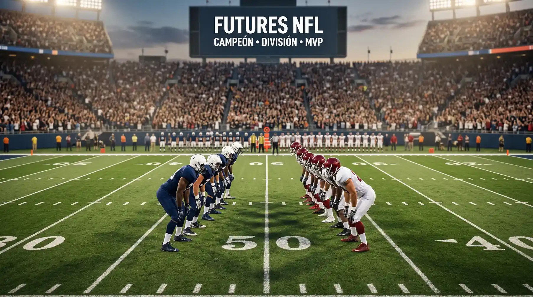 Equipos de NFL en formacion antes del inicio de temporada con logo de Super Bowl