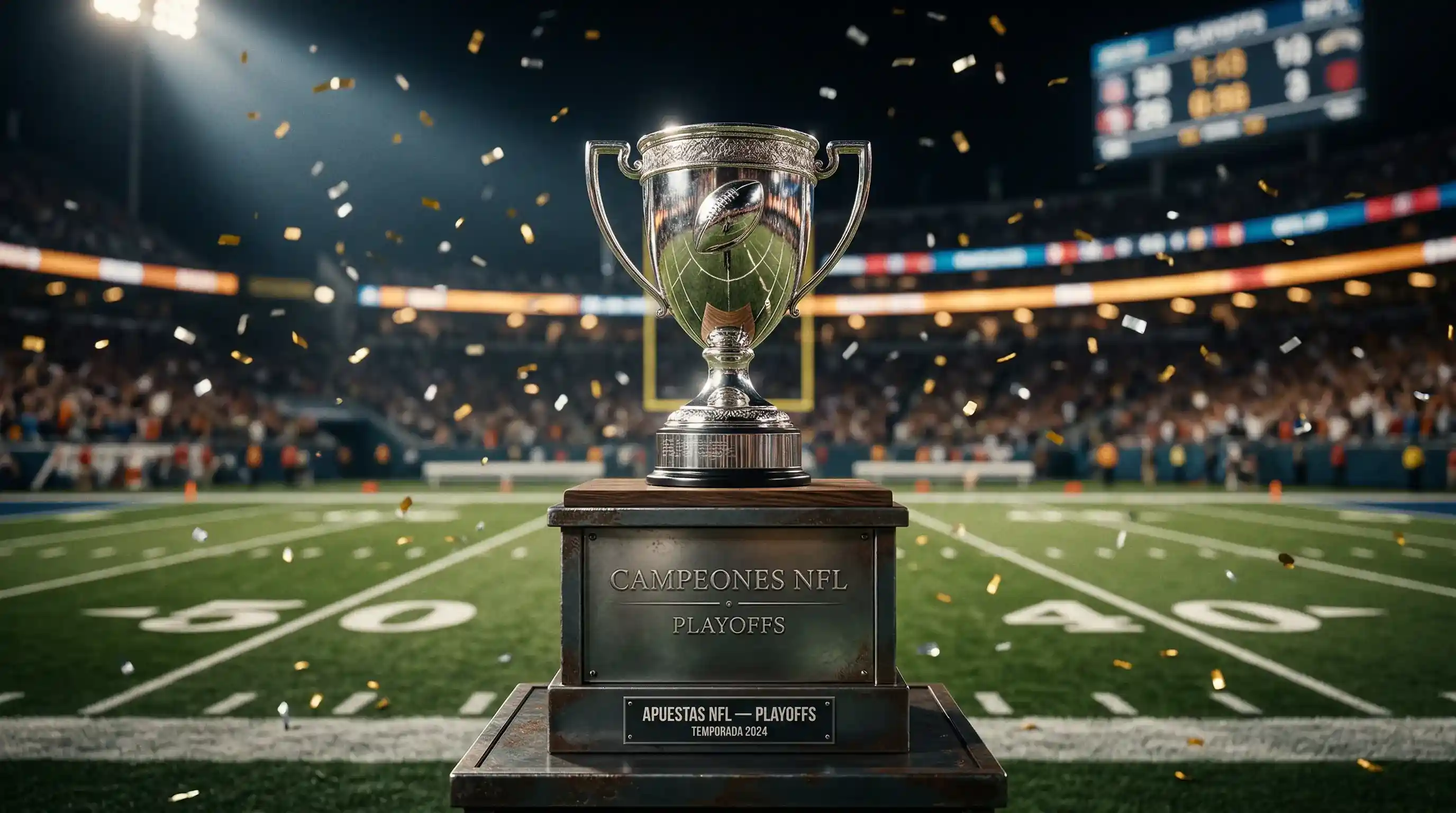 Trofeo Vince Lombardi del Super Bowl con confeti y campo de futbol americano