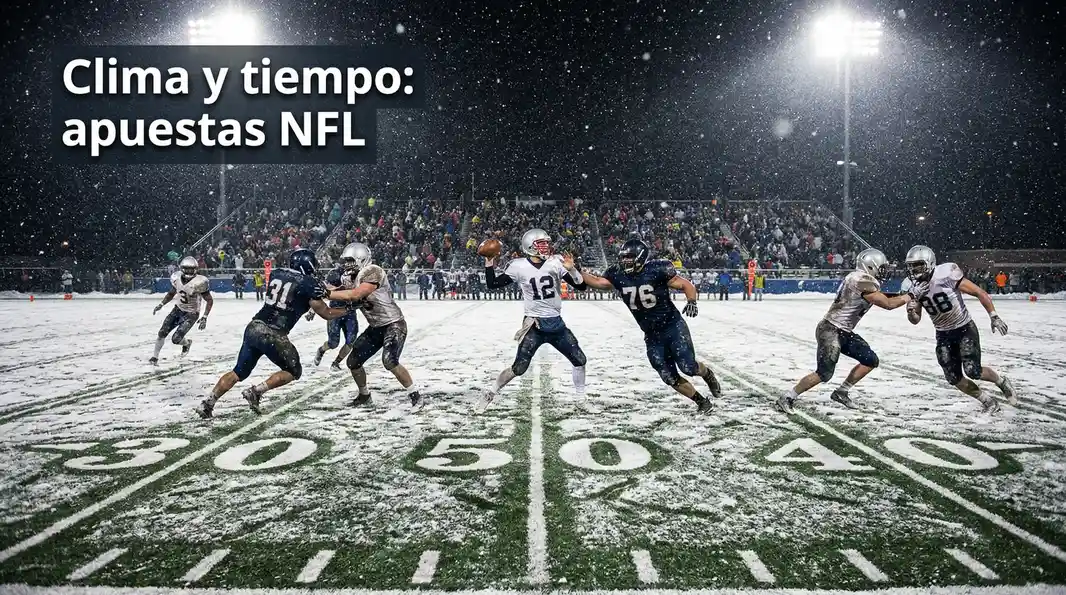Estadio de futbol americano bajo nieve con jugadores en el campo
