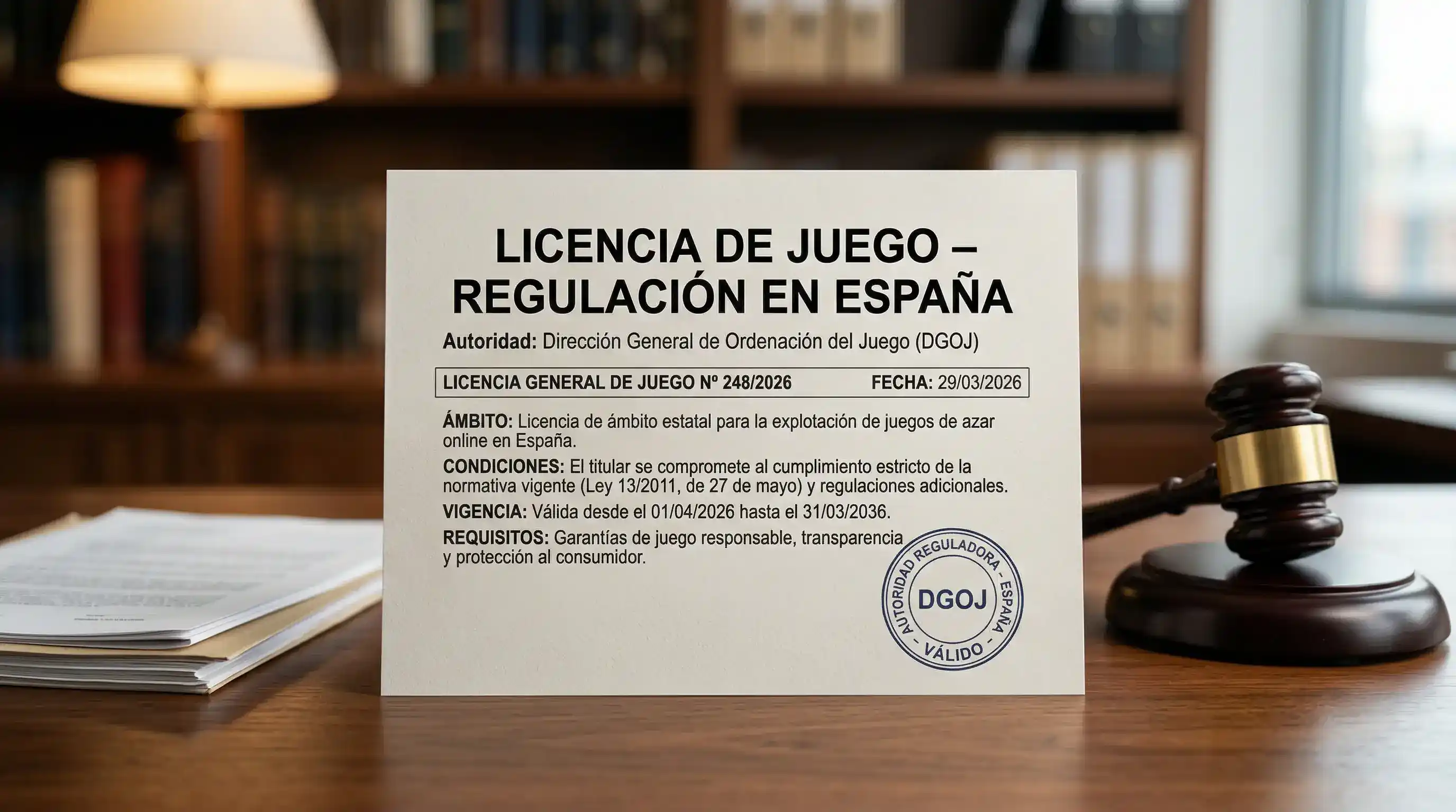 Documento oficial de licencia DGOJ sobre escritorio con sello de aprobacion