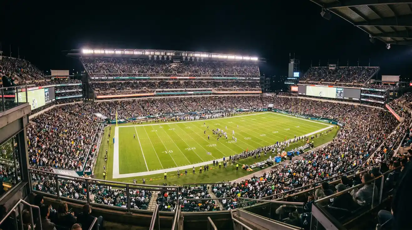 Estadio NFL iluminado durante un partido nocturno con aficionados en las gradas