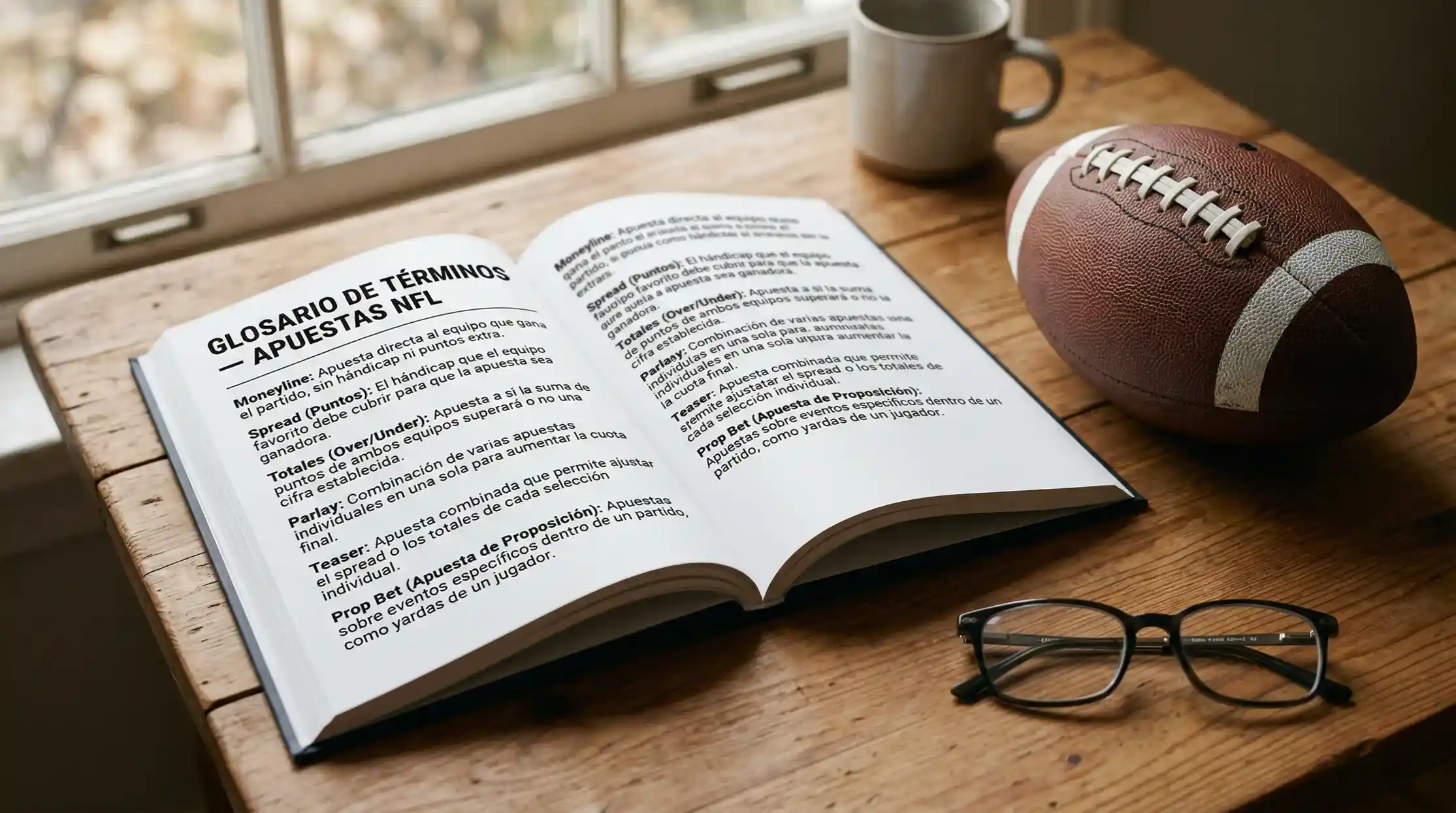 Libro abierto con terminos de apuestas deportivas y balon de futbol americano