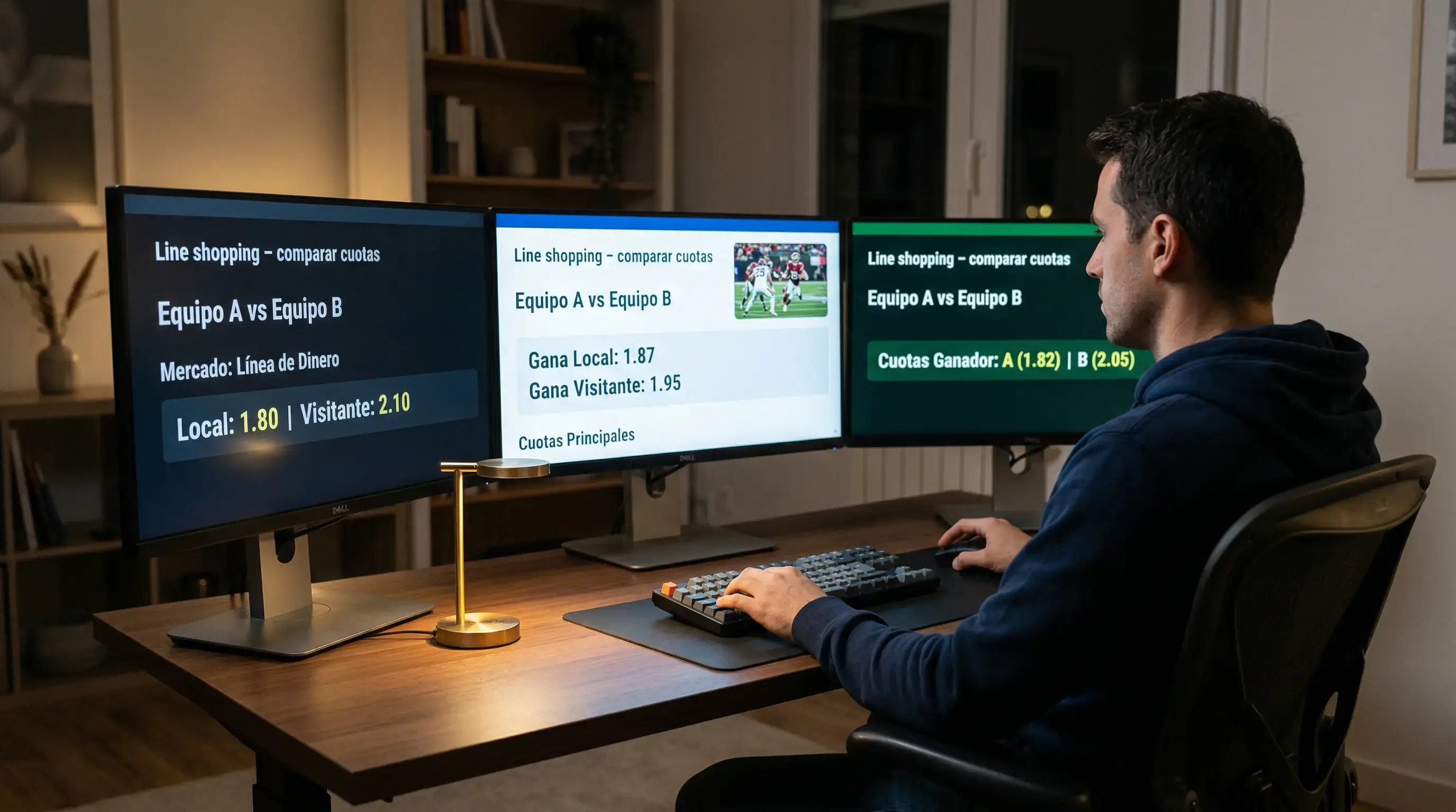 Apostador comparando cuotas de NFL en multiples pantallas de casas de apuestas