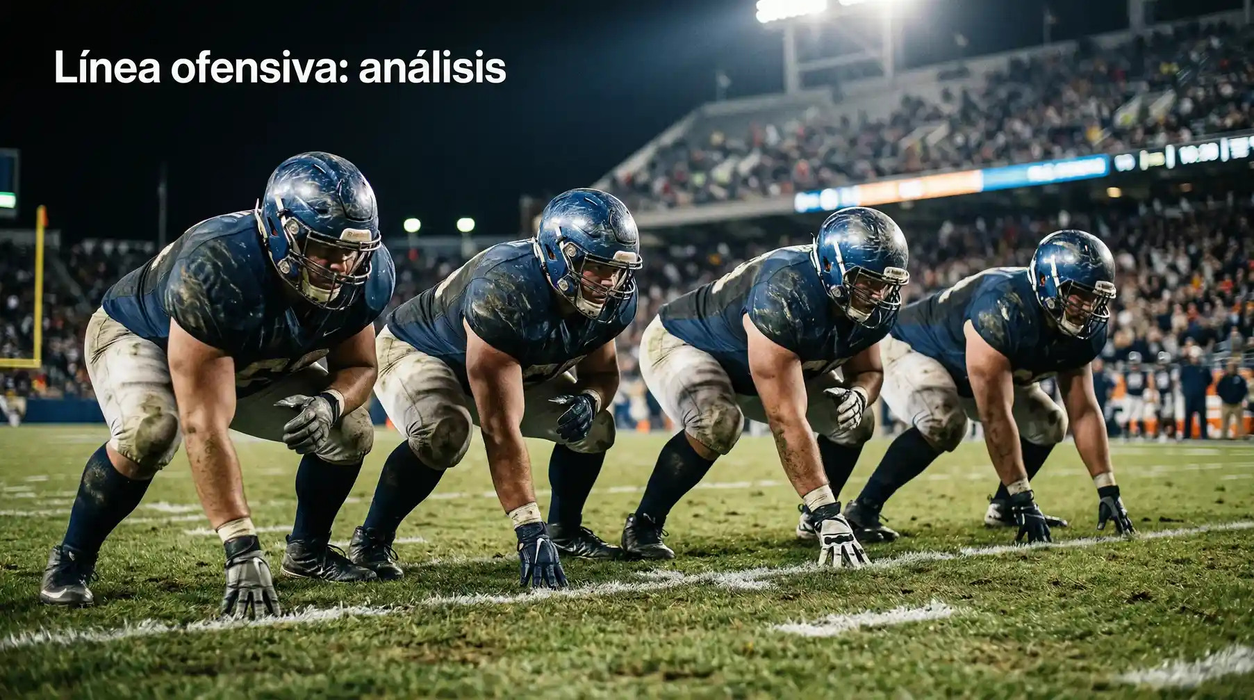 Jugadores de linea ofensiva de futbol americano en formacion de bloqueo
