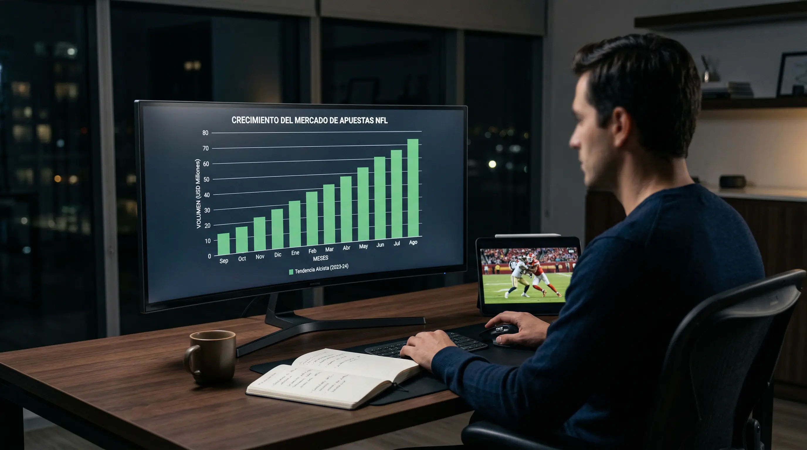 Gráfico de crecimiento del mercado de apuestas NFL mostrando la evolución de 2020 a 2026