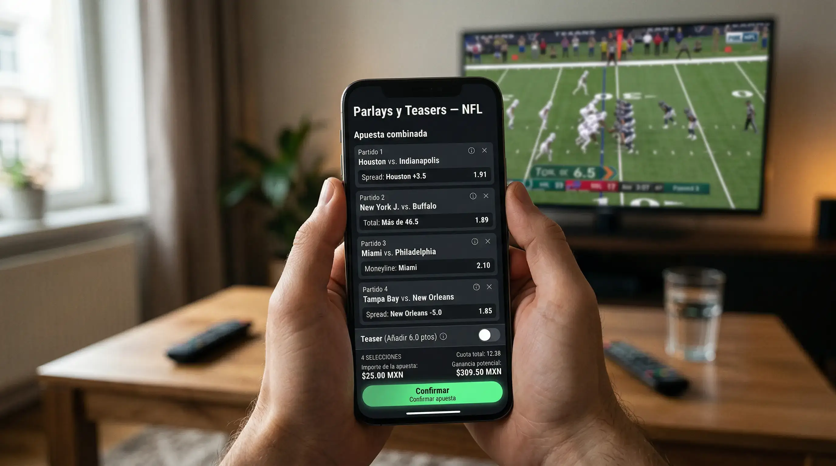 Boleto de apuesta combinada NFL con múltiples selecciones marcadas
