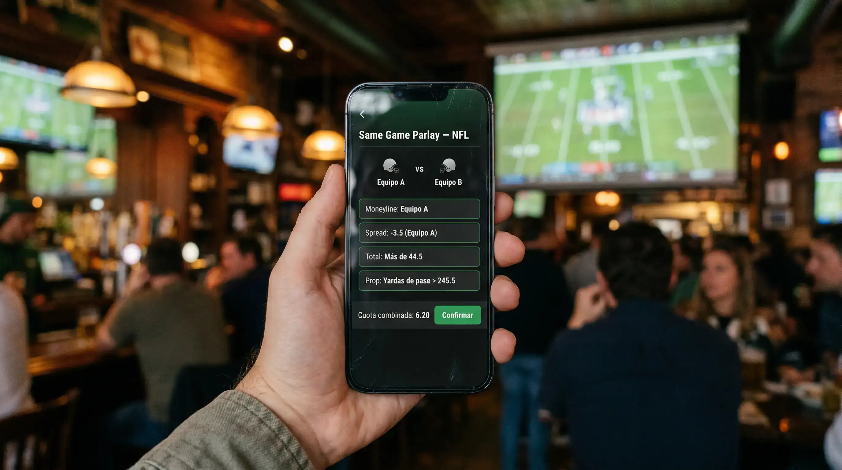 Pantalla de telefono movil mostrando ticket de apuesta combinada de partido NFL