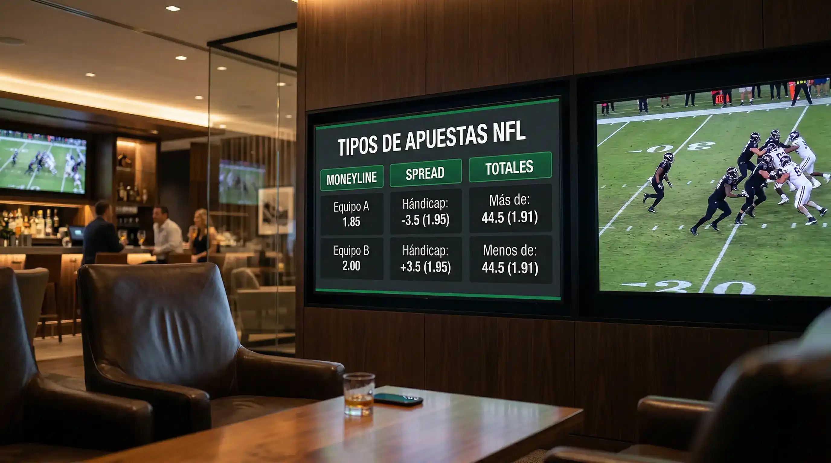 Panel de apuestas NFL mostrando líneas de spread, moneyline y totales para un partido