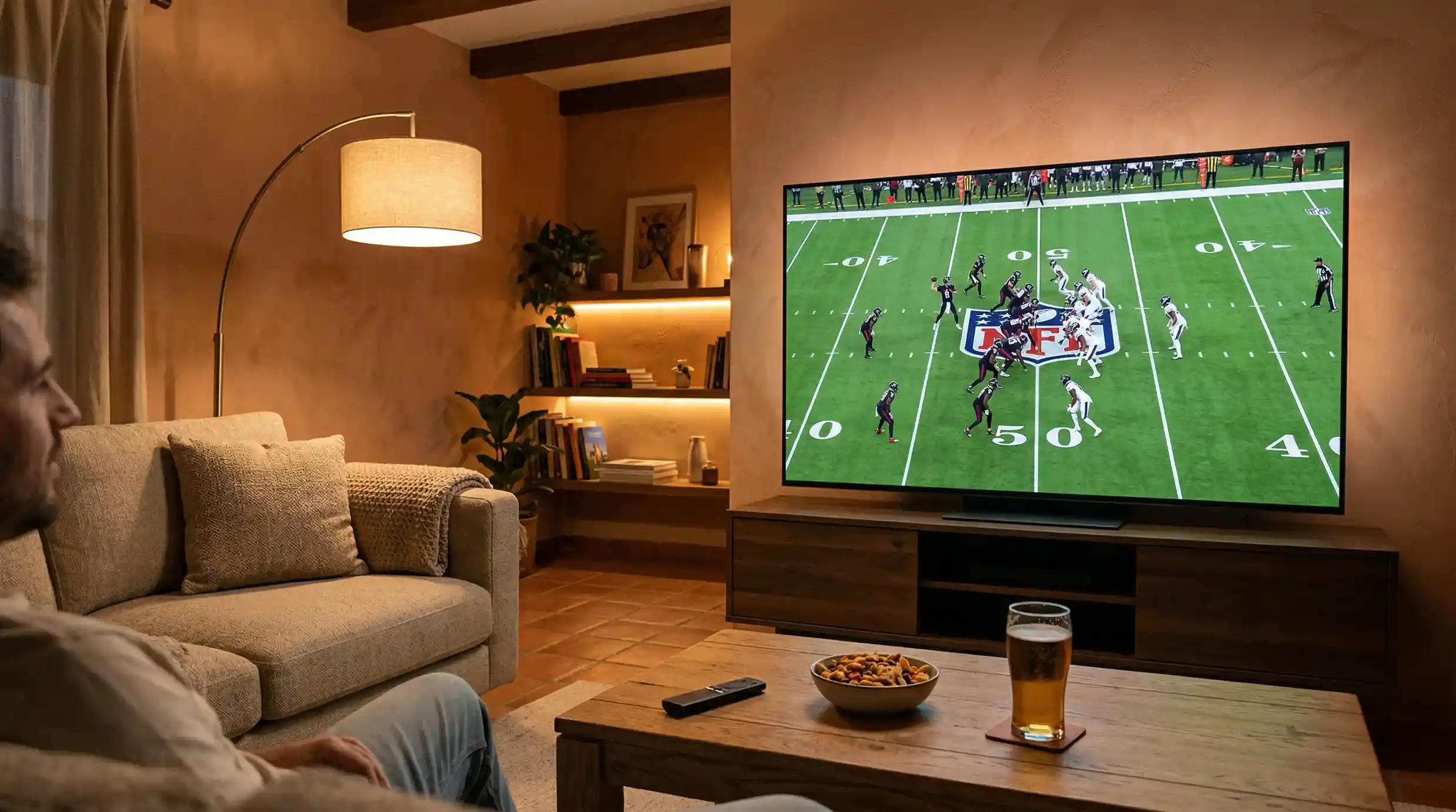 Television mostrando partido de futbol americano NFL en salon espanol